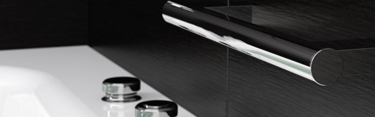 Close up product lifestyle image of Bathroom Origins Sonia Lux Chrome 300mm Grab Bar