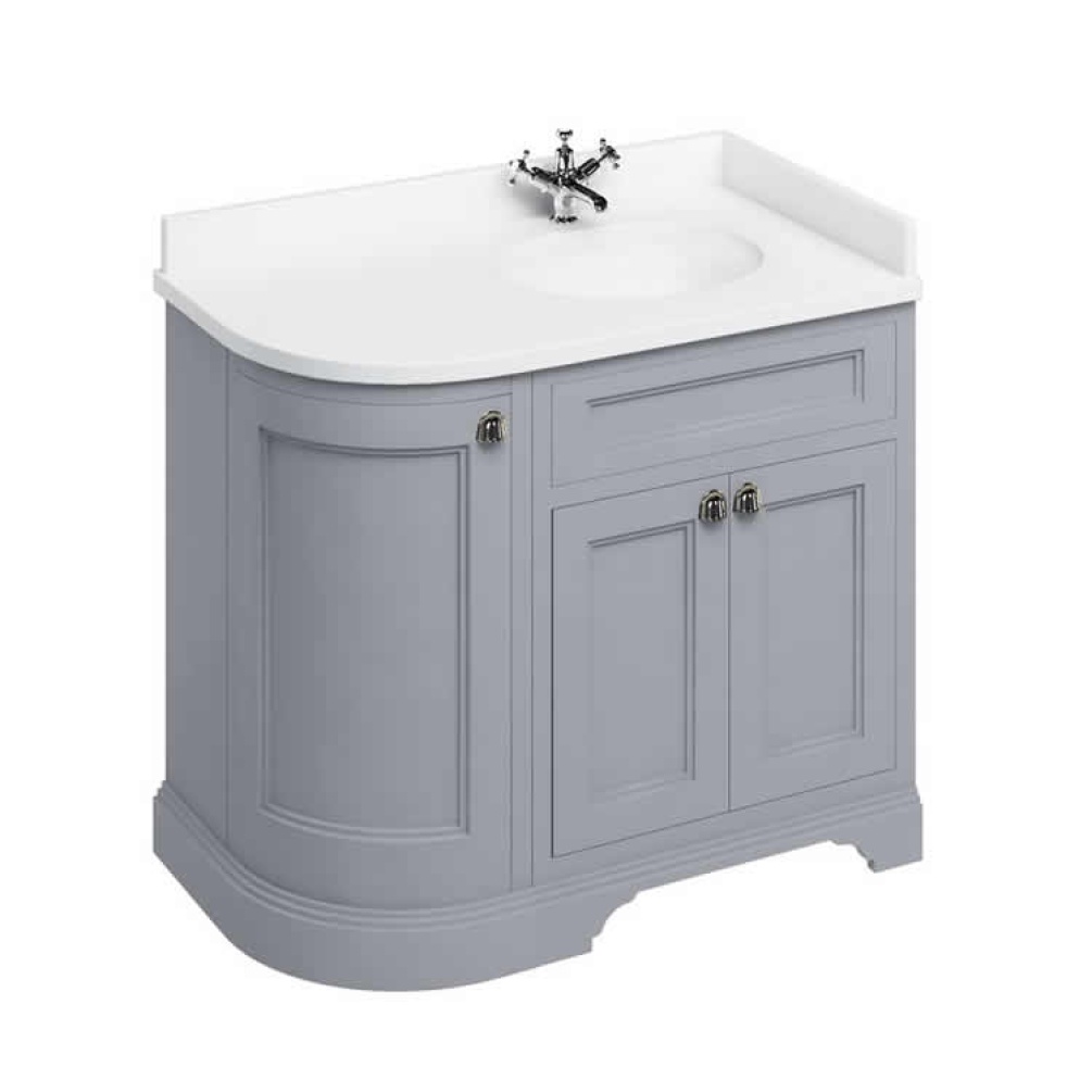 Product Cut out image of the Burlington Minerva 980mm Right Handed Curved Worktop & Classic Grey Freestanding Vanity Unit with white worktop