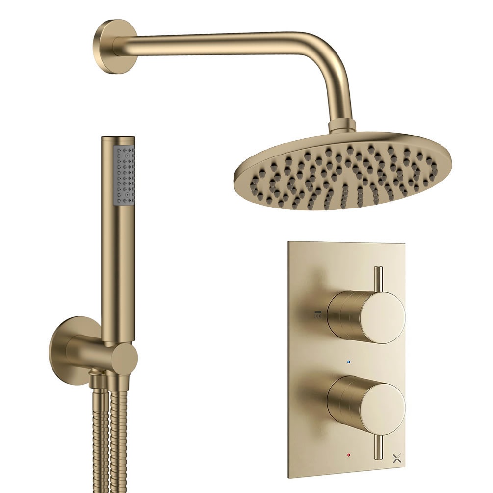 Cutout image of Crosswater Design Brushed Brass Dual Outlet Rainfall Shower Set