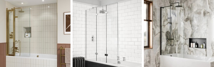 An image of a folding bath screen, a fixed bath screen, and a hinged bath screen