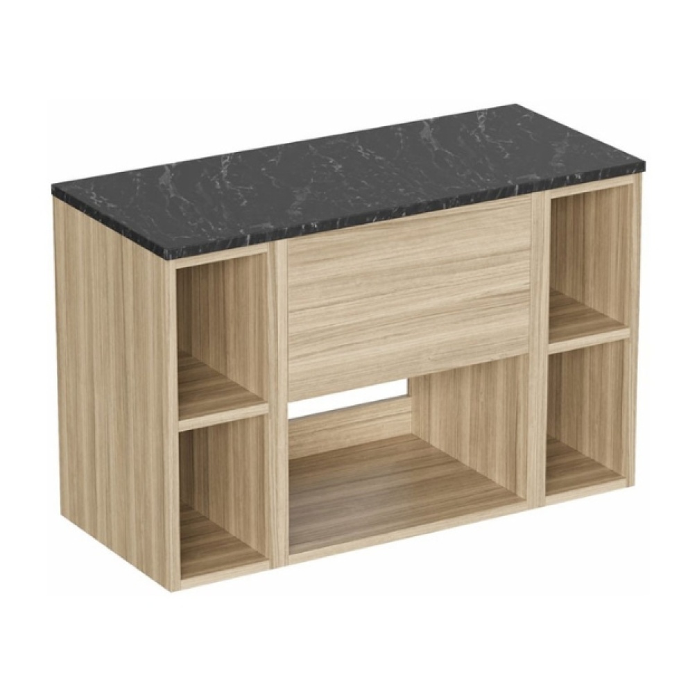 Cut out image of the Britton Hackney Cherry Wood 900mm Wall Hung Vanity Unit with Marquina Worktop & Two Shelf Units