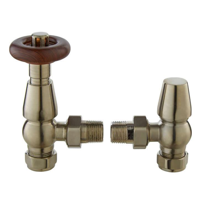 Photo of Bayswater Angled Thermostatic Rounded Satin Nickel Radiator Valves With Lock Shield