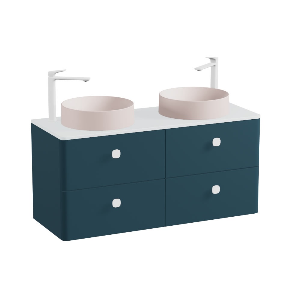 Vado Cameo 1200mm Atlantic Blue Wall Hung 4 Drawer Vanity Unit, Arctic Worktop & Pink Clay Basins