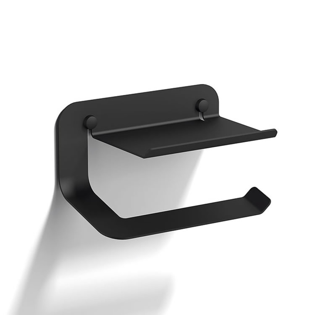 Cutout image of Origins Living Sonia Quick Toilet Roll Holder with Shelf Black.