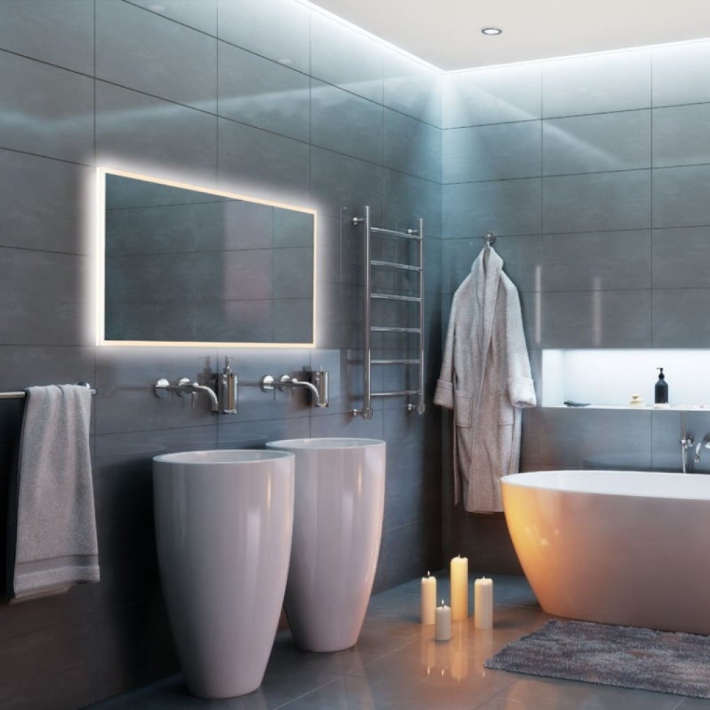 Product Lifestyle image of the HIB Globe 1200mm Framed LED Bathroom Mirror