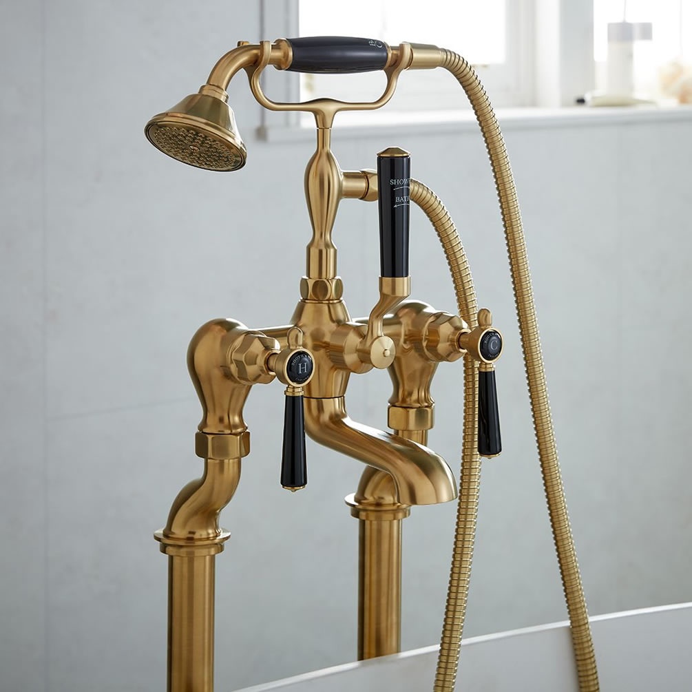 Booth & Co. Axbridge Black Lever Brushed Brass Floorstanding Bath Shower Mixer - Lifestyle Image 1