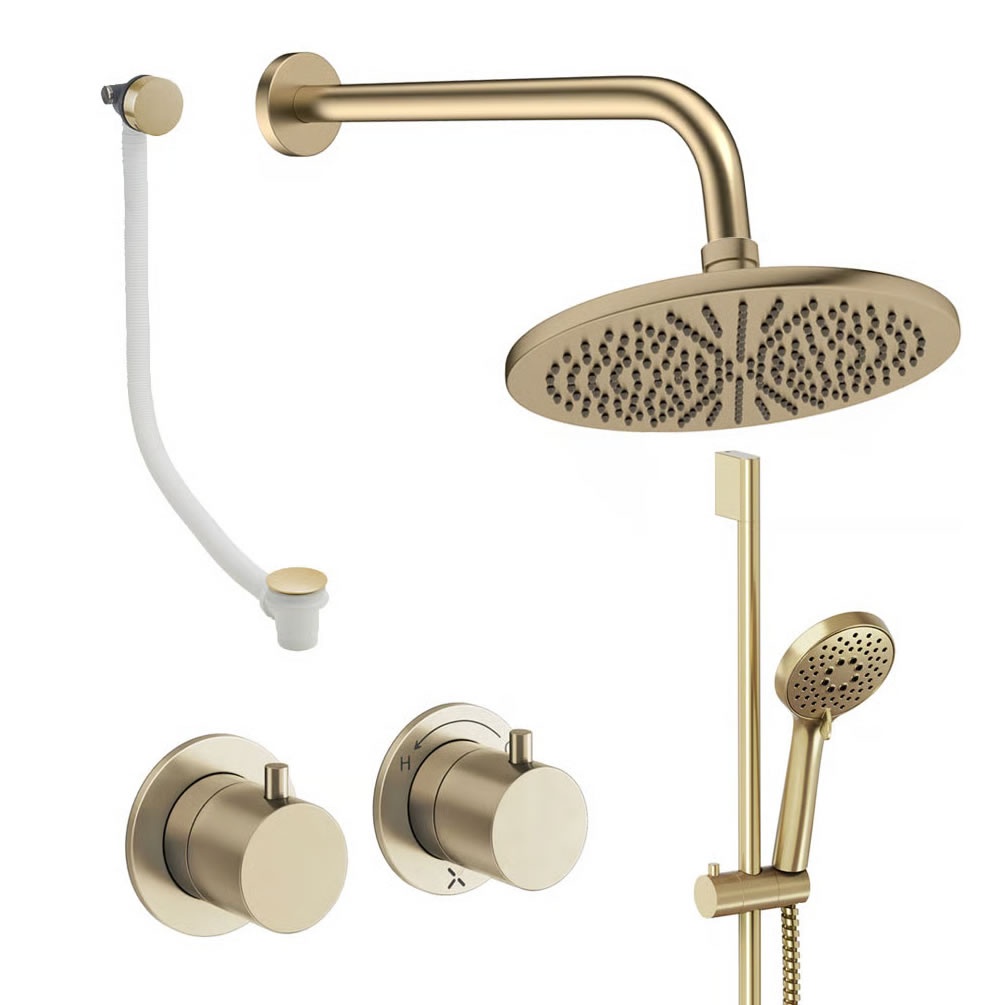 Cutout image of Crosswater Module Brushed Brass Triple Outlet Slide Rail Shower Bath Set