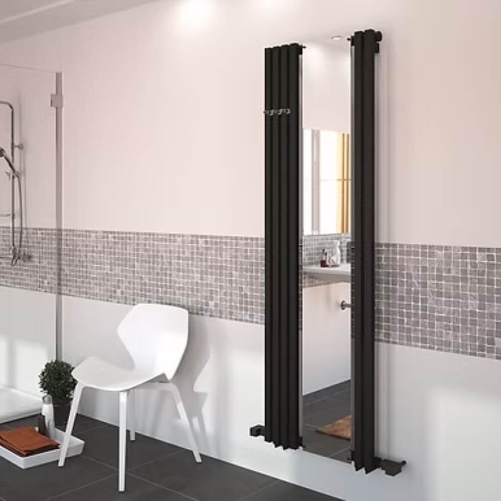 Lifestyle image of the Radox Image D 1800mm x 535mm Textured Black Heated Radiator with Offset Mirror mounted on a bathroom wall