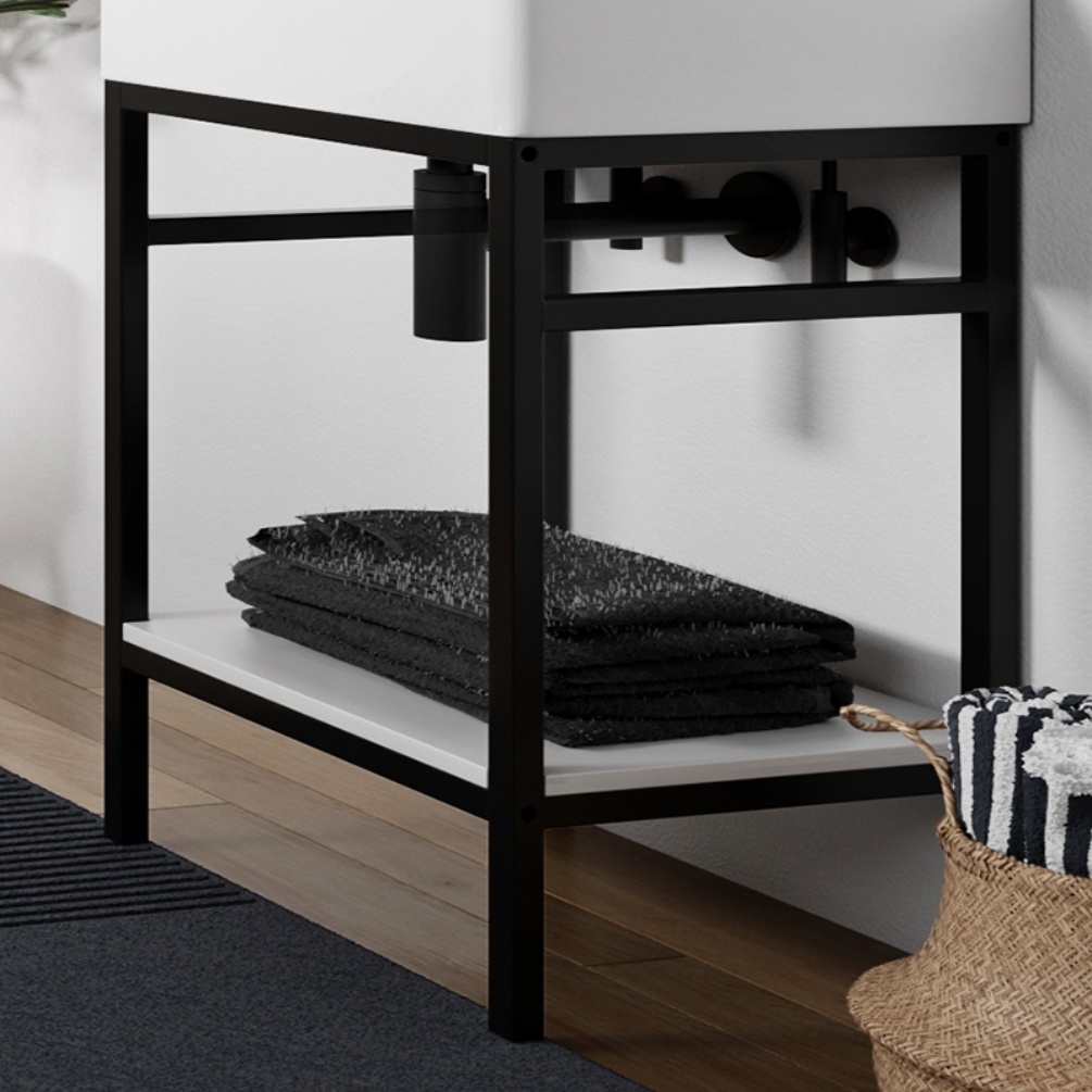 Product Lifestyle image of the Abacus Concept Noir Matt White 800mm Washstand Shelf