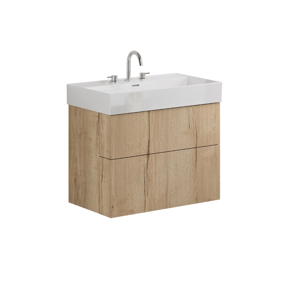 Product Cut out image of the Crosswater Avenue Windsor Oak 800mm Double Drawer Unit with a three tap hole basin