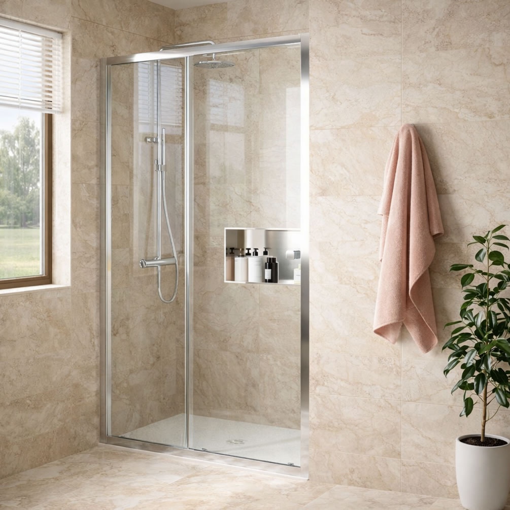 Lifestyle image of Dune Chrome 1400mm Sliding Shower Door