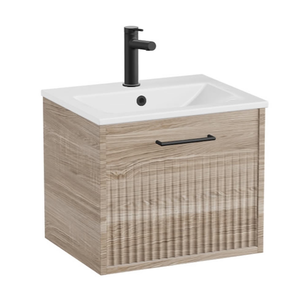 Vado Safari Fluted 600mm Natural Oak Wall Hung Vanity Unit & Ceramic Basin