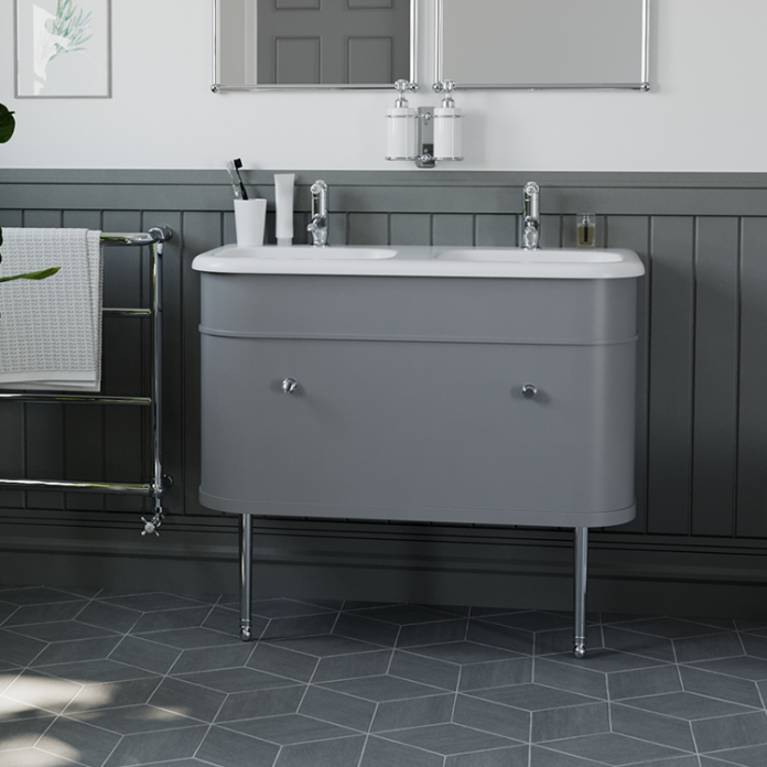 Product Lifestyle image of the Burlington Chalfont 1000mm Double Basin & Classic Grey Wall Hung Unit with chrome legs