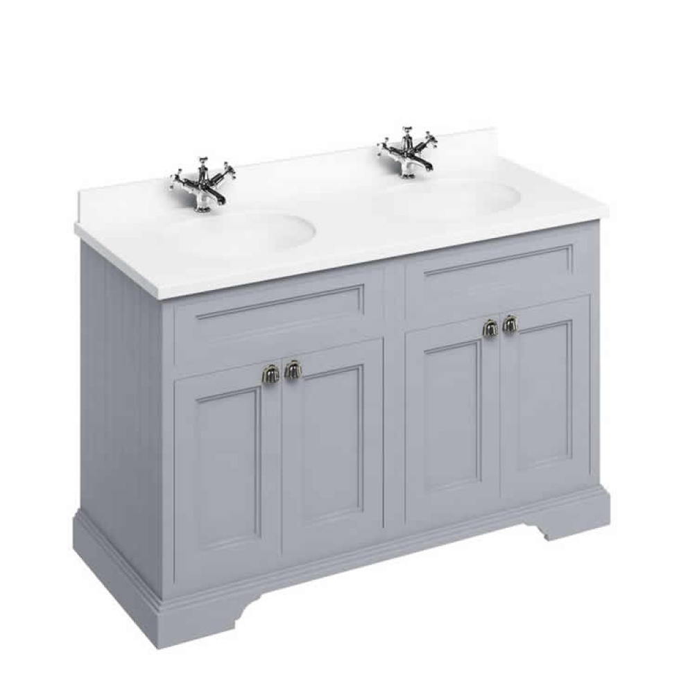 Product Cut out image of the Burlington Minerva 1300mm Double Worktop & Classic Grey Freestanding Vanity Unit with Doors with white worktops