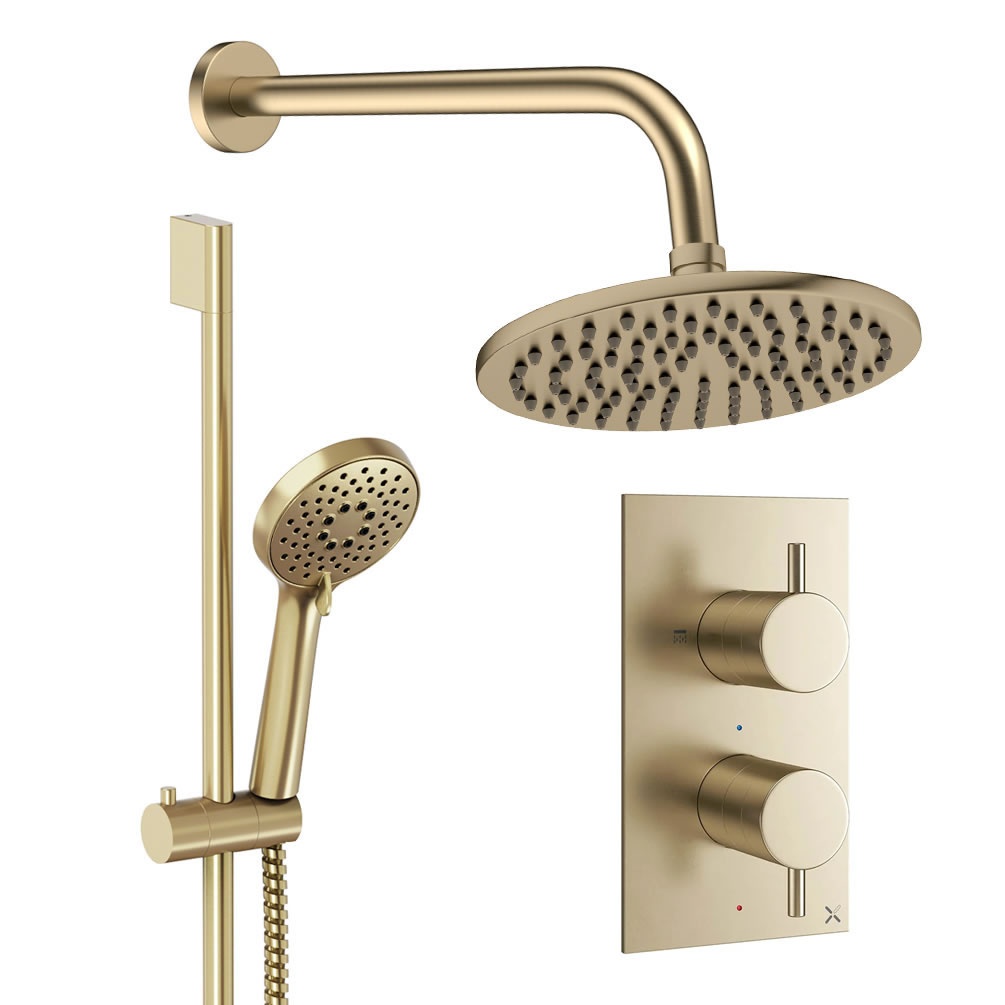 Cutout image of Crosswater Design Brushed Brass Dual Outlet Slide Rail Shower Set