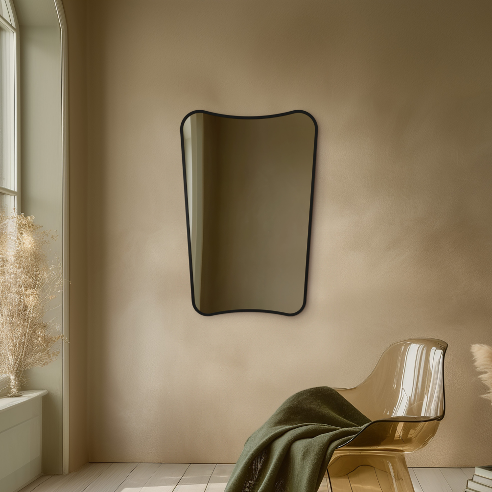 Product Lifestyle Photo of Origins Living Delphine 600mm x 900mm Mirror in Black in a room setting