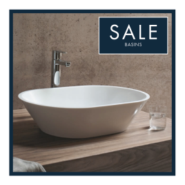image of countertop basin with blue text box saying sale basins for cheap bathroom sinks category