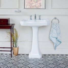 image of a burlington pedestal basin in a moroccan style tiled bathroom and white walls