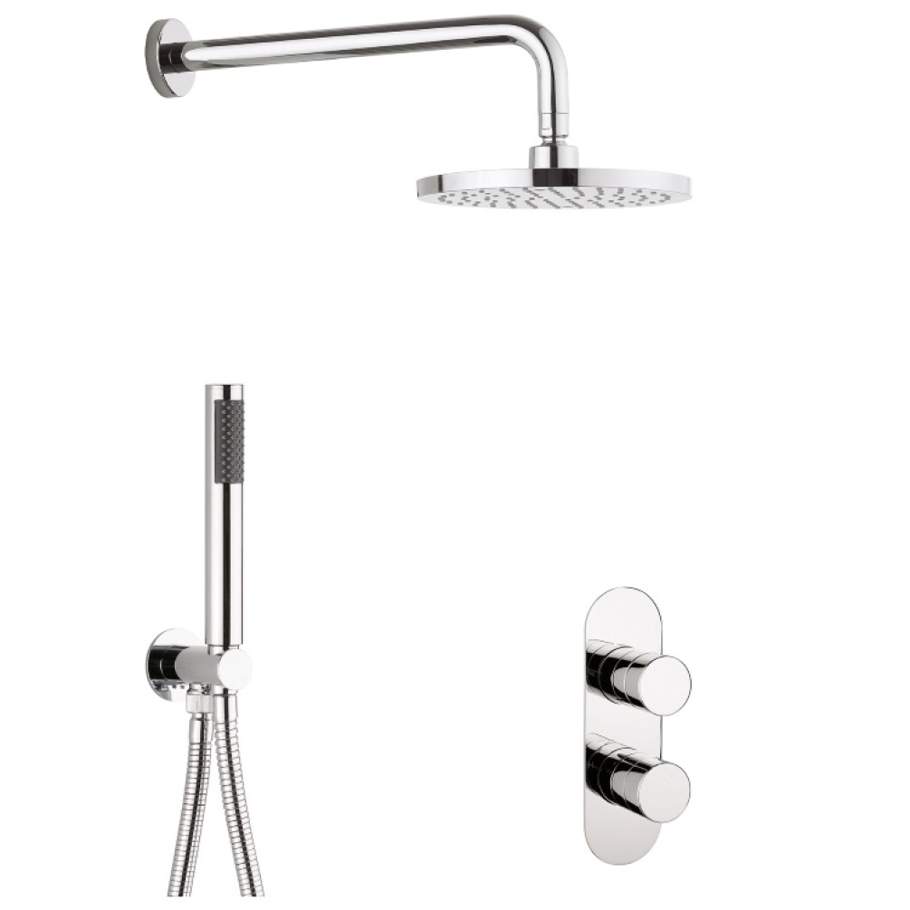 Product Cut out image of the Crosswater Drift 2 Outlet 2 Handle Shower Bundle, including two handle shower valve, handset shower and wall mounted shower head