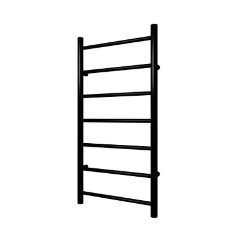 Product cut out image of the Radox Space 1076mm x 538mm Matt Black Heated Towel Rail