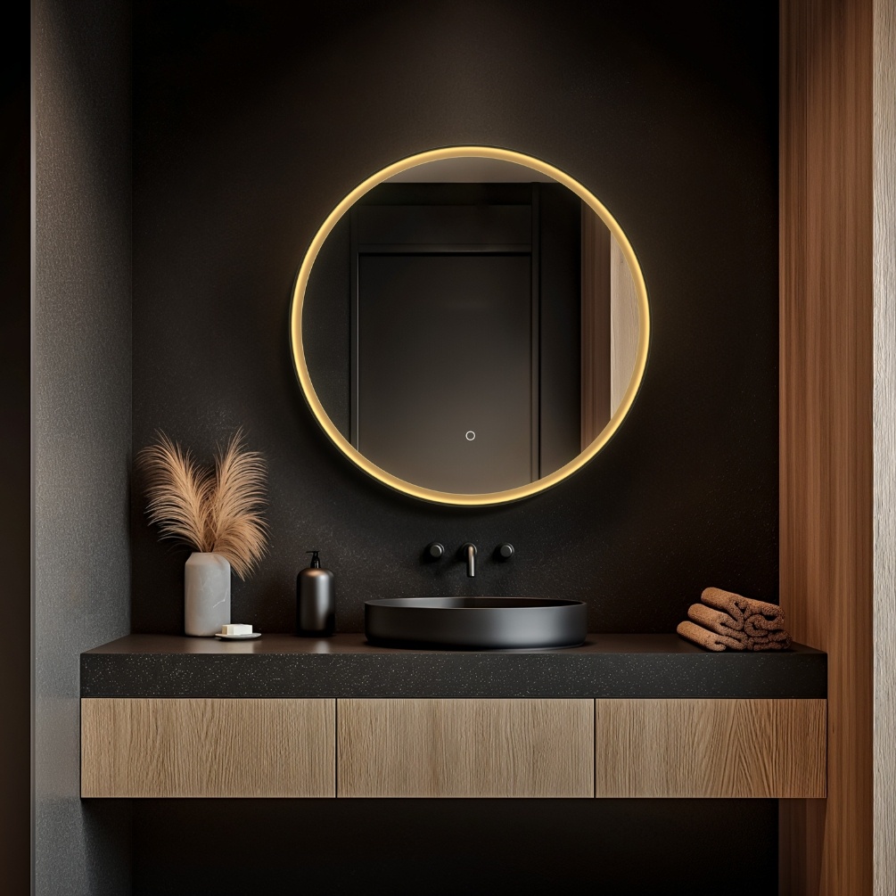 Lifestyle image of Origins Living Luxor 800mm x 800mm Round Gold & Black Bathroom Mirror hanging on a bathroom wall in front of a sink