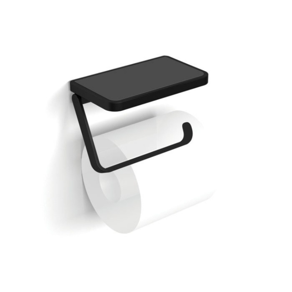 Product Cut out image of the HIB Atto Matt Black Toilet Roll Holder with Shelf