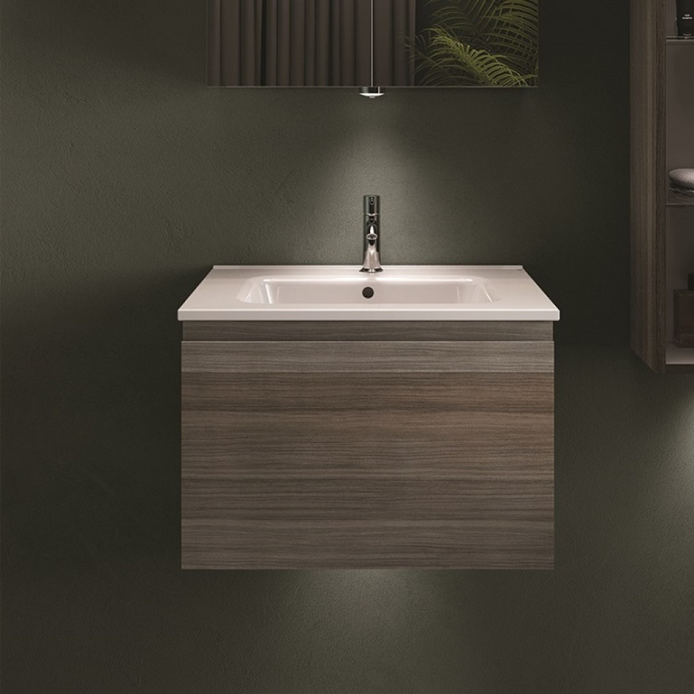 Product lifestyle image 1 of RAK Ceramics 610mm Joy Uno Wall Hung Vanity Unit and Basin in Moka Walnut