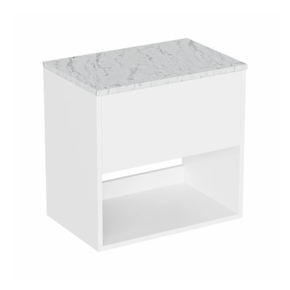 Cut out image of the Britton Hackney Glossy White 600mm Wall Hung Vanity Unit & Carrara Worktop