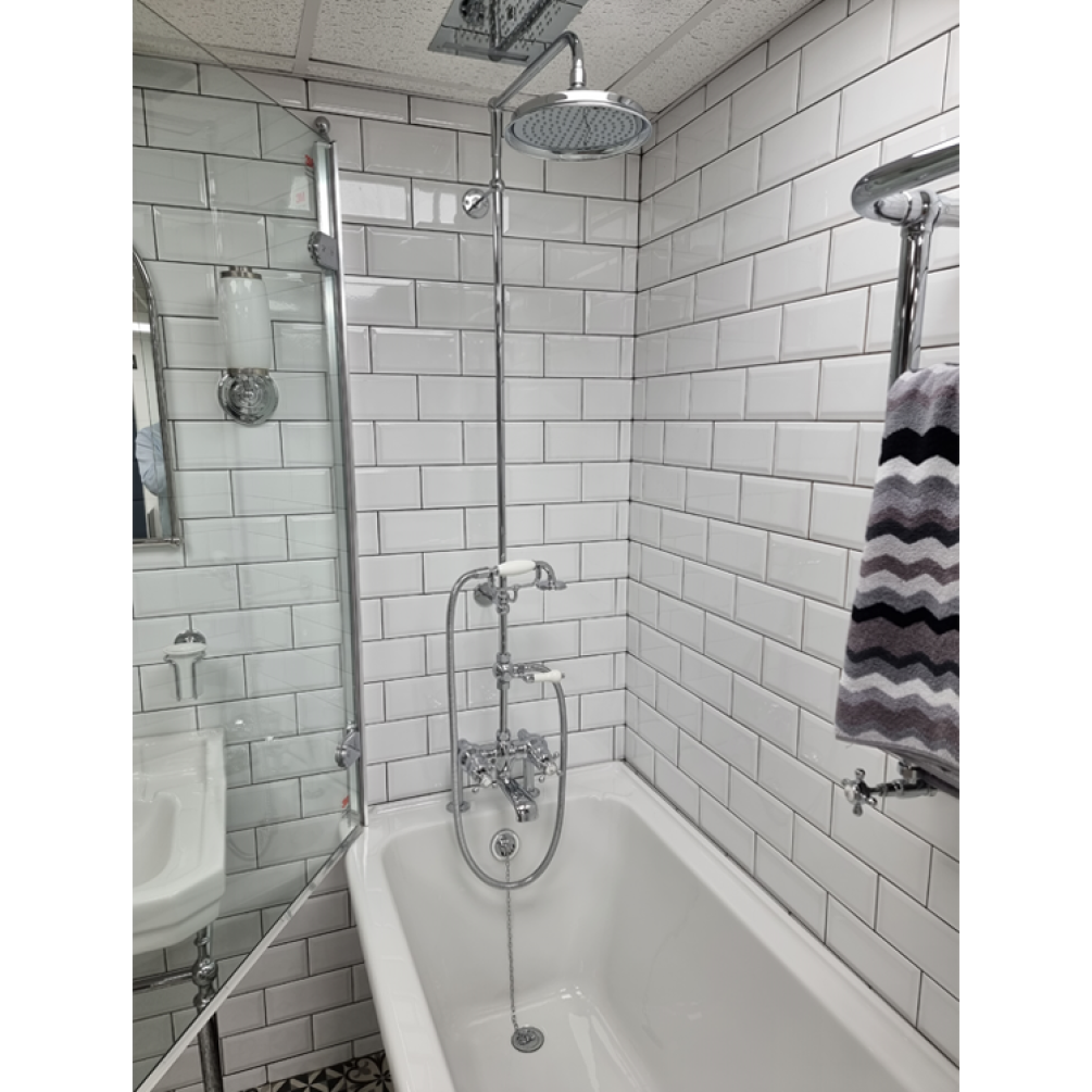 Product Lifestyle image of the Burlington Tay Thermostatic Bath Shower Mixer with Riser Rail & White Indices
