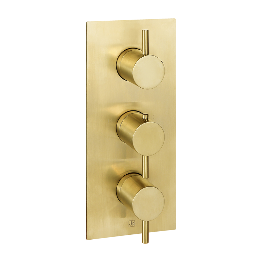 Product Cut out image of the JTP Vos Brushed Brass Portrait Dual Outlet Shower Valve