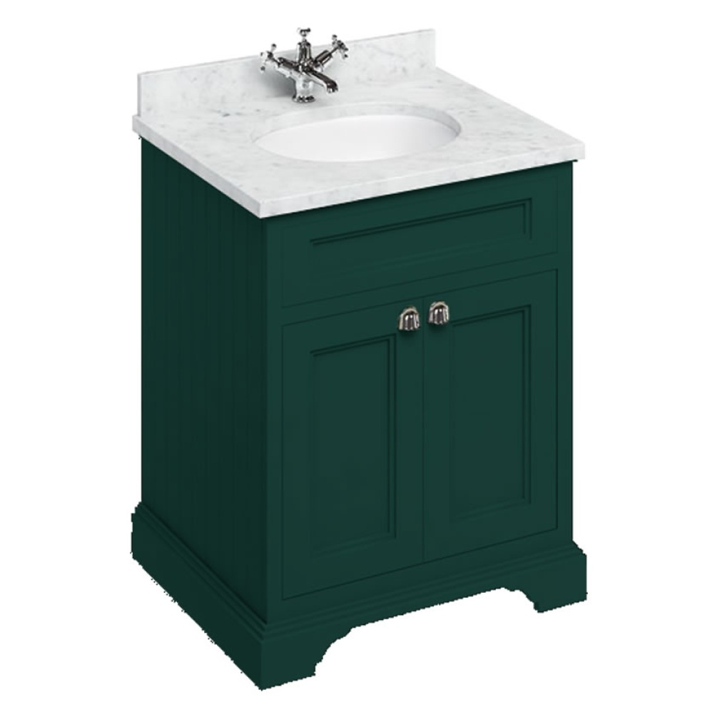 Burlington Minerva Carrara White 650mm Worktop & Matt Green Freestanding Vanity Unit with Doors
