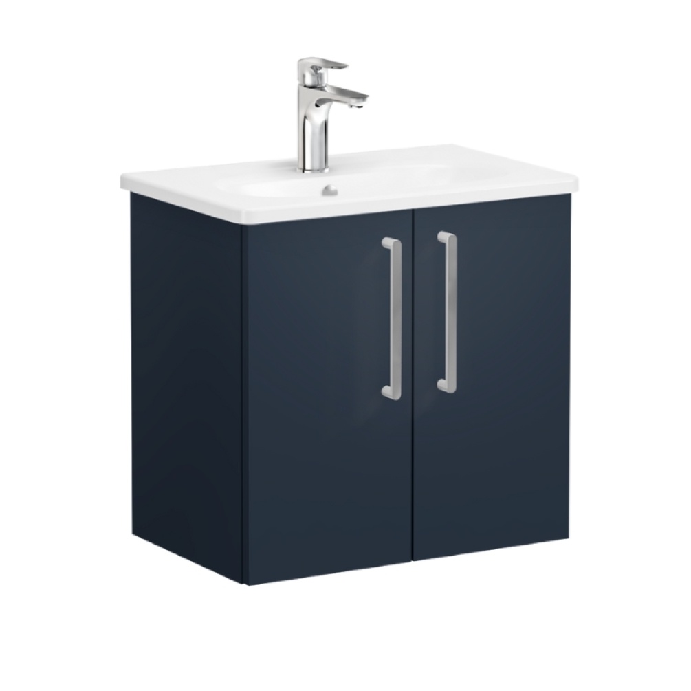 Product Cut out image of VitrA Root Flat Dark Blue 600mm Compact Washbasin Unit 67838 with chrome handles