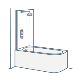 iconography image of a J Shaped Shower Baths, also known as J Baths or J Shower Baths. They have a straight front that curves like a letter J to the wall