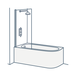 iconography image of a J Shaped Shower Baths, also known as J Baths or J Shower Baths. They have a straight front that curves like a letter J to the wall