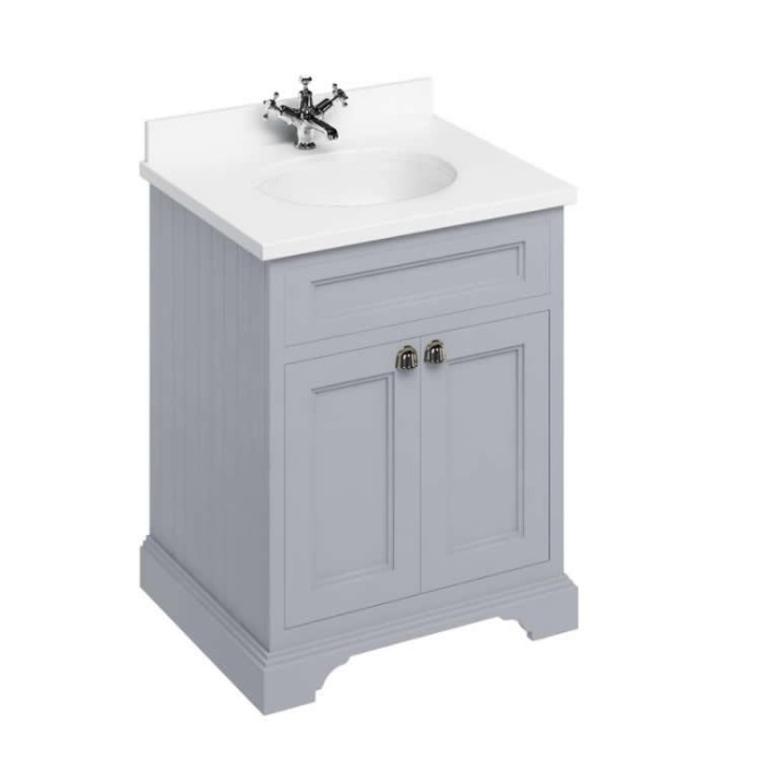 Product Cut out image of the Burlington Minerva 650mm Worktop & Classic Grey Freestanding Vanity Unit with Doors with white worktop