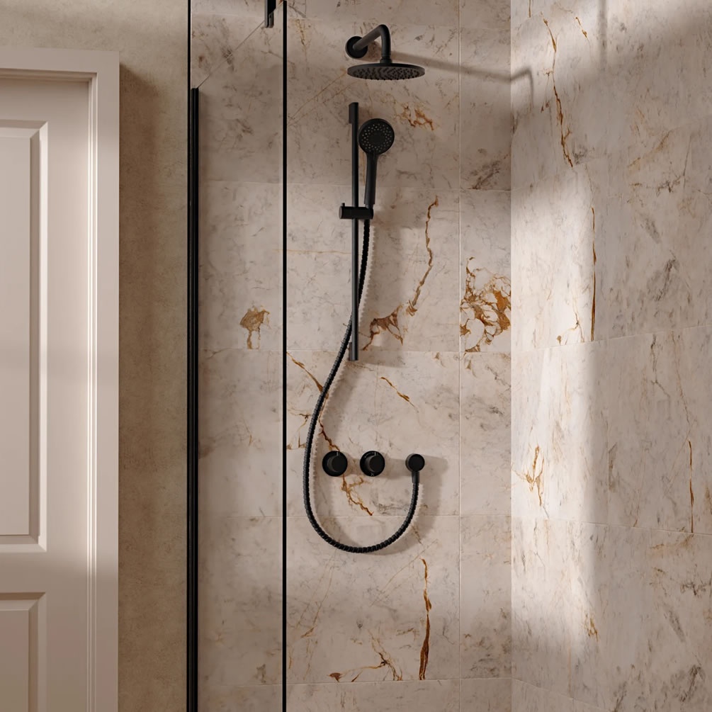 Lifestyle image of Crosswater Module Matt Black Dual Outlet Slide Rail Shower Set
