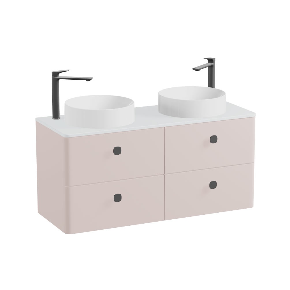 Vado Cameo 1200mm Pink Clay Wall Hung 4 Drawer Vanity Unit, Arctic Worktop & Gloss Basins