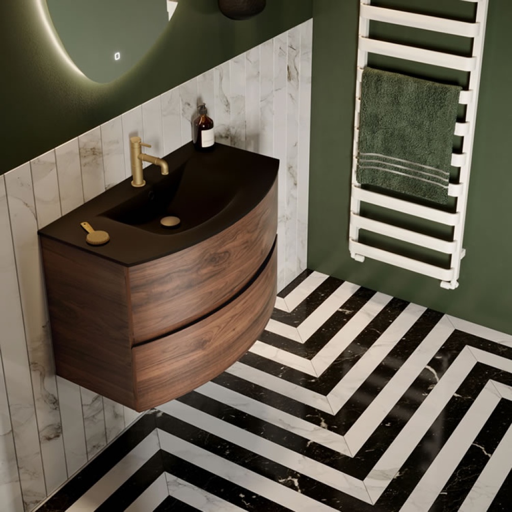 Lifestyle image of Crosswater Svelte American Walnut Wall-Hung Vanity Unit & Basin