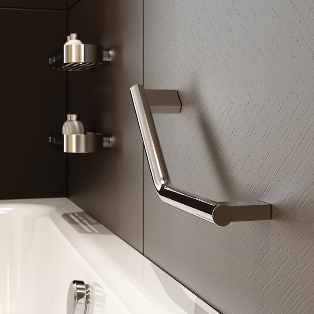 Lifestyle Photo of Bathroom Origins Sonia Lux Chrome Angled Grab Bar