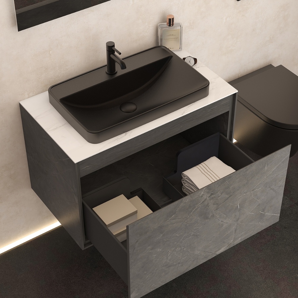 Imex Arco Single Countertop Vanity Unit Black Basin White Marble Worktop