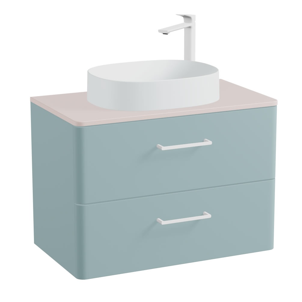 Vado Cameo 800mm Cove Blue Wall Hung 2 Drawer Vanity Unit, Pink Worktop & Arctic White Basin
