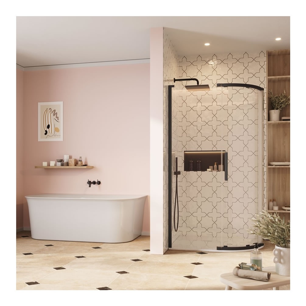 Lifestyle image of Crosswater Asura 8 Matt Black 1200 x 900mm Offset Shower Quadrant