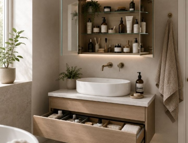 Lifestyle image of a bathroom with hidden storage, showcasing a vanity unit with internal organisers and a mirror cabinet with shelves
