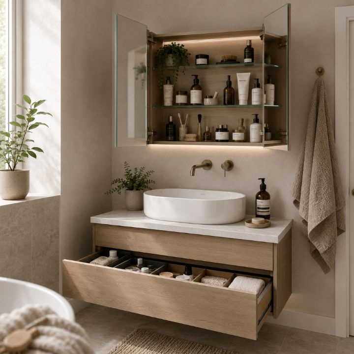 Lifestyle image of a bathroom with hidden storage, showcasing a vanity unit with internal organisers and a mirror cabinet with shelves