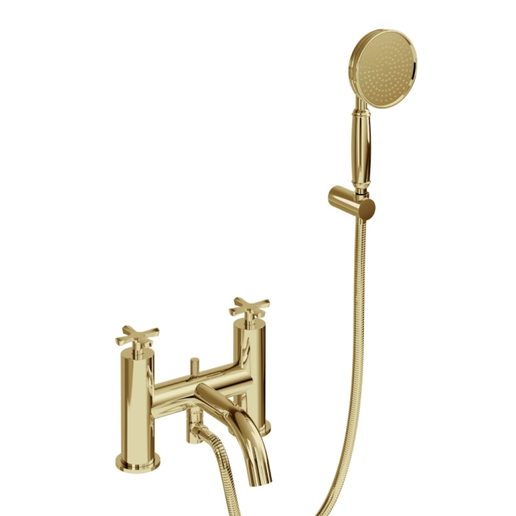 Image of Burlington Riviera Bath Shower Mixer in Gold with focus on handset hose and bridge mixer tap