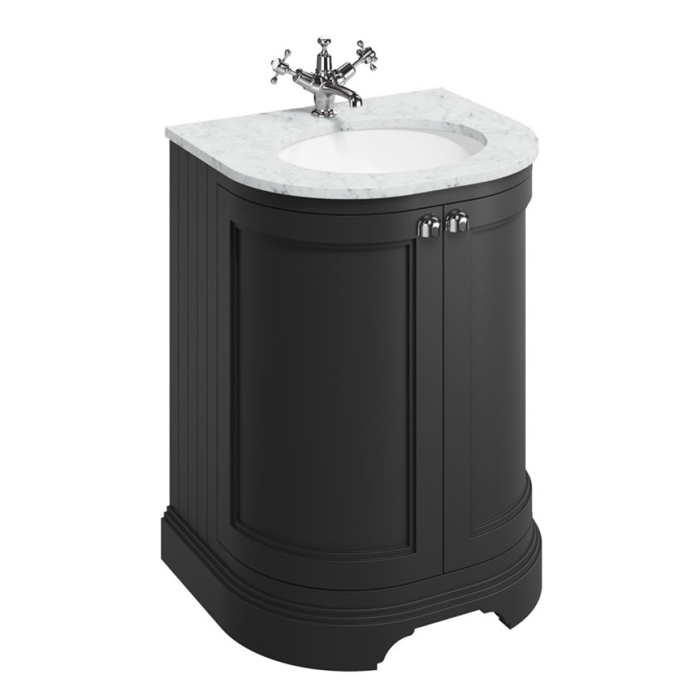 Burlington Matt Black 650mm Freestanding Curved Vanity Unit & Carrara White Worktop