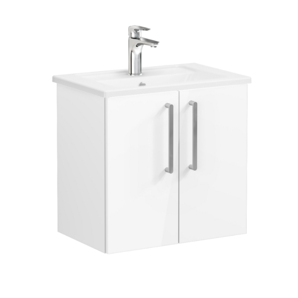 Product Cut out image of VitrA Root Flat White 600mm Compact Washbasin Unit 67832 with chrome handles