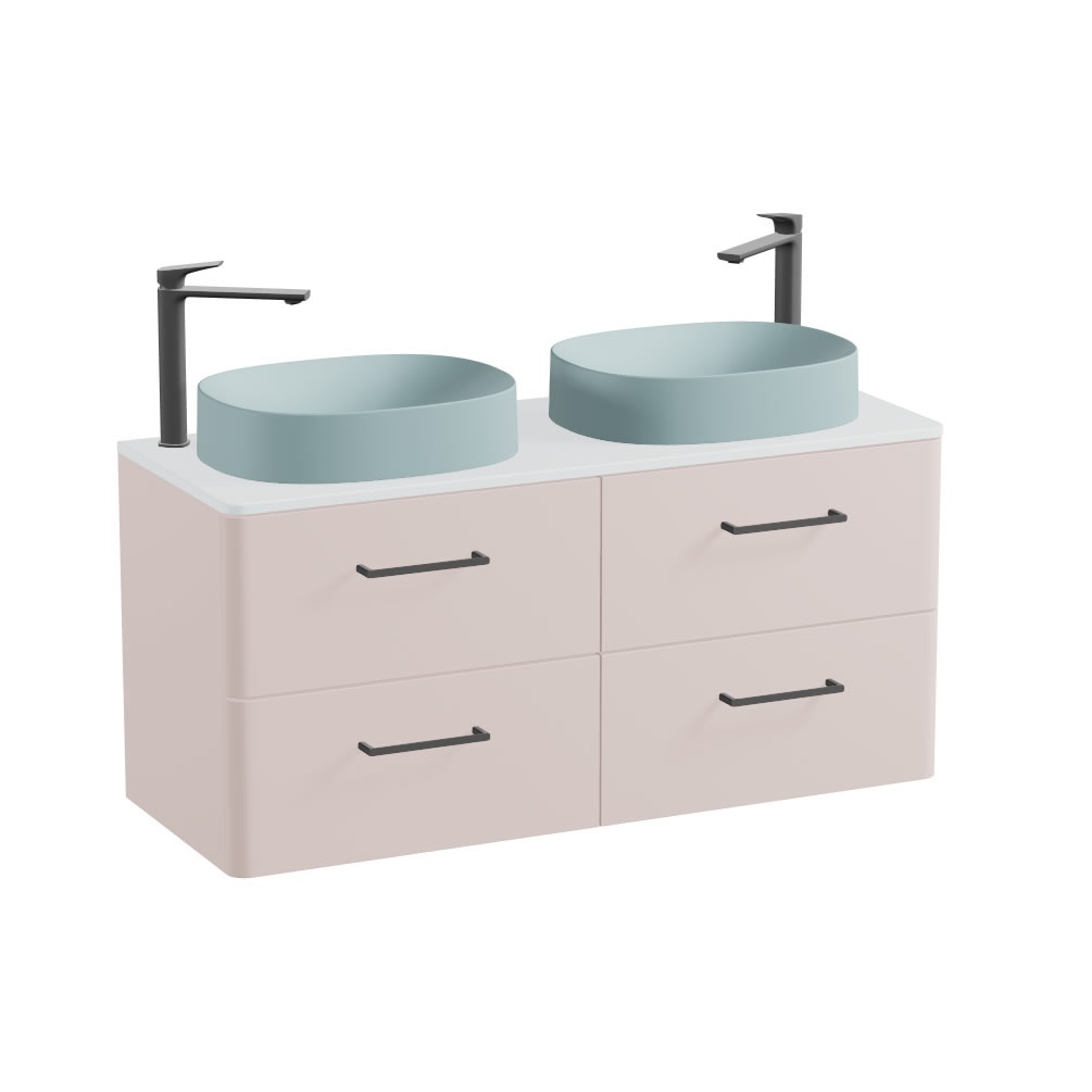 Vado Cameo 1200mm Pink Clay Wall Hung 4 Drawer Vanity Unit, Arctic Worktop & Cove Blue Oval Basins