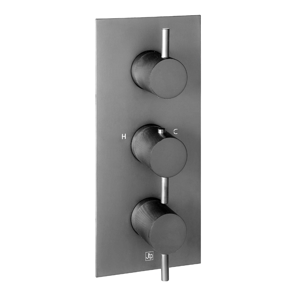 Product Cut out image of the JTP Vos Brushed Black 3 Outlet 3 Handle Portrait Shower Valve with Designer Knurled Handles