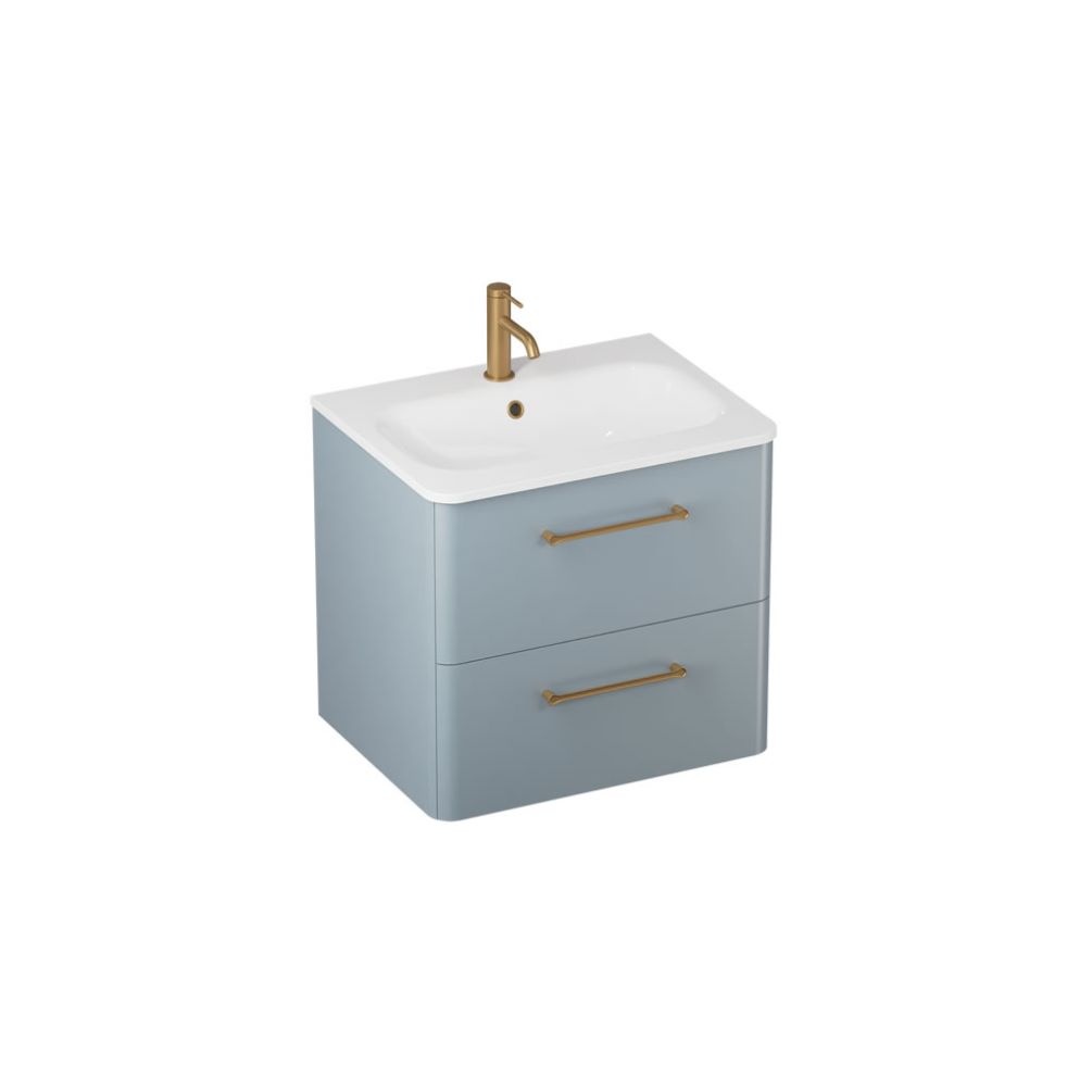 Image of Britton Camberwell 600mm double-drawer unit with basin in dusty Blue with brushed brass handles